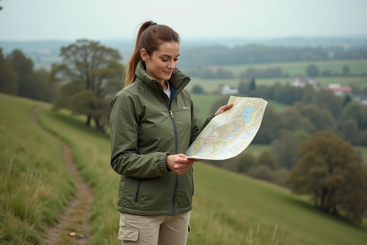 Randonneuse consultant une carte topographique dans le bocage normand du département de l'Orne (61)