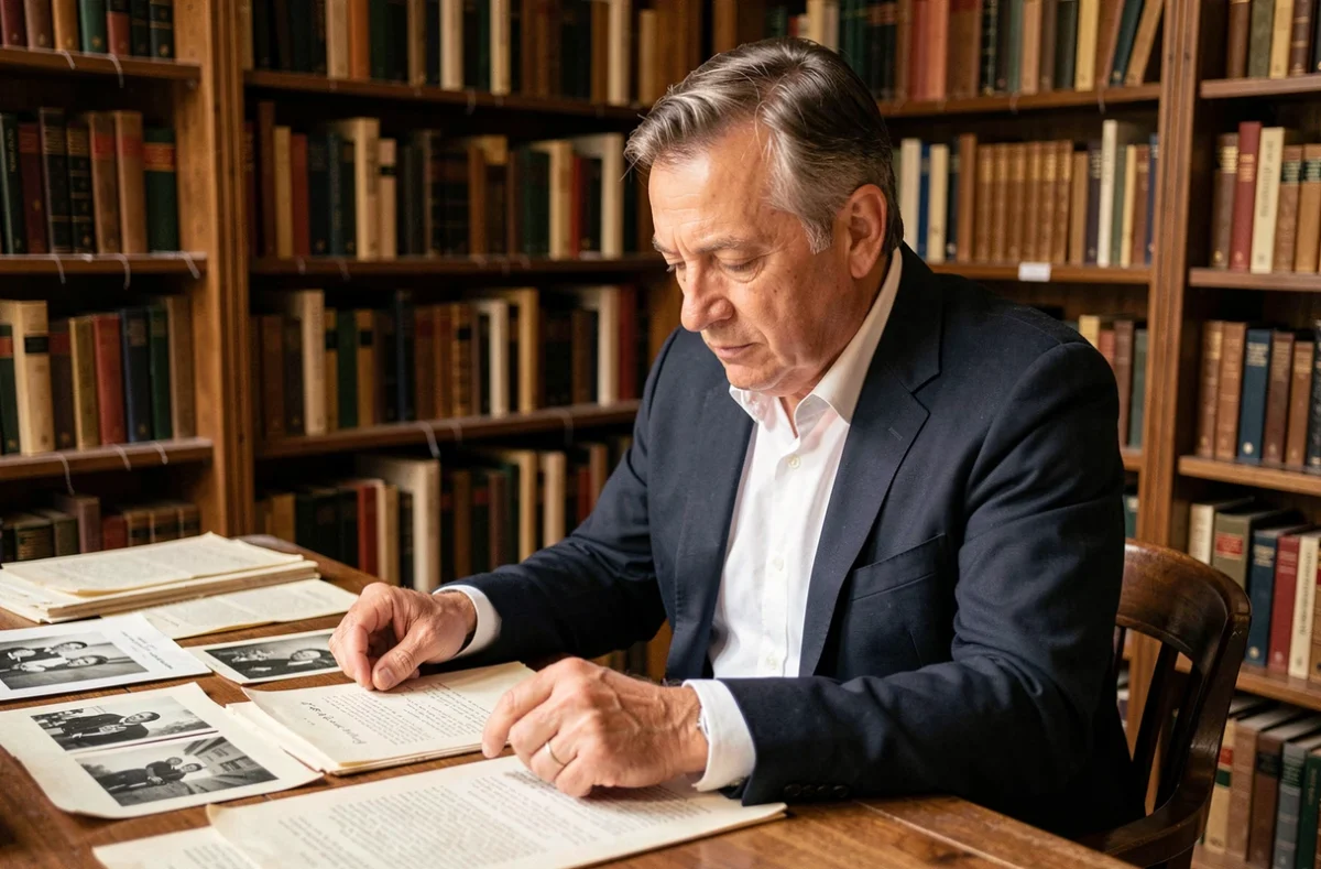 Homme français d'âge mûr consultant des documents historiques dans une bibliothèque vintage, évoquant la recherche sur la naissance de Patrick Dutartre