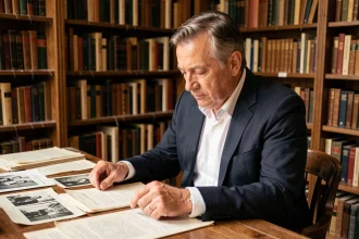 Homme français d'âge mûr consultant des documents historiques dans une bibliothèque vintage, évoquant la recherche sur la naissance de Patrick Dutartre