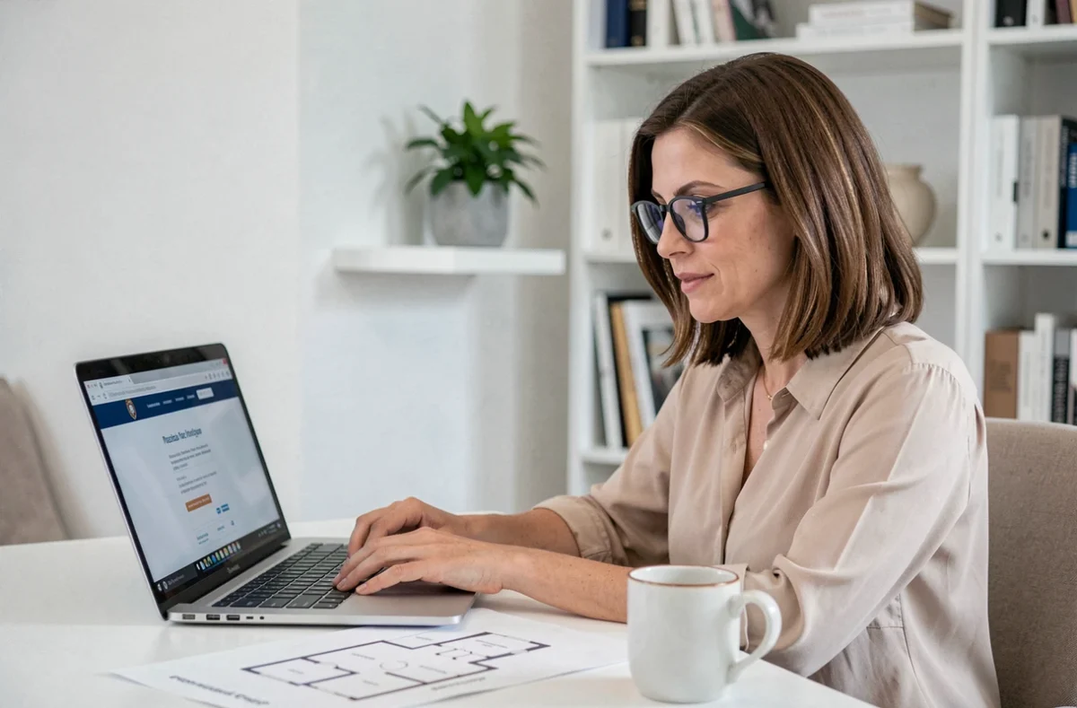 Femme consultant un service de renseignement notarial gratuit en ligne depuis son bureau à domicile