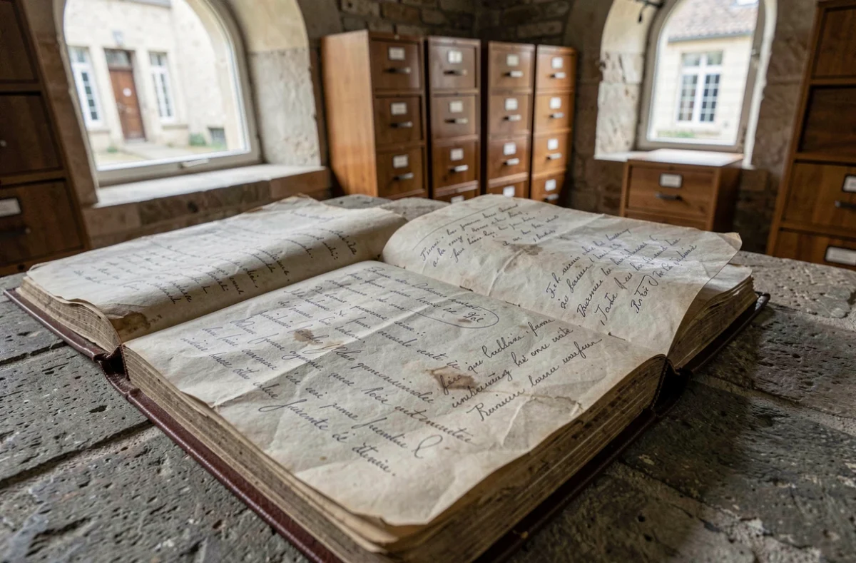 Vieux registre d'état civil français ouvert sur une table en pierre, avec des inscriptions manuscrites à l'encre fanée, illustrant la recherche d'acte de naissance