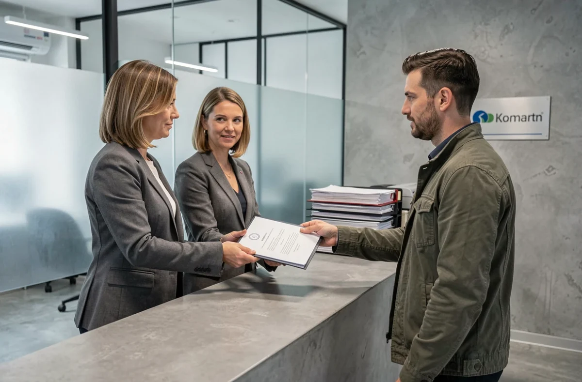 Assistantes notariales remettant un dossier immobilier à un client lors d'une consultation gratuite