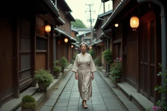 Ruelle traditionnelle japonaise à Kyoto avec maisons en bois et femme en yukata se promenant