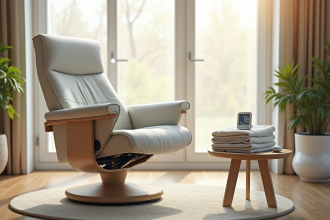 Salon lumineux avec fauteuil médical et ambiance chaleureuse