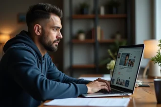 Homme adulte naviguant sur un site agrégateur de contenu sur son ordinateur portable dans un bureau à domicile moderne, illustrant les questions de légalité et de sécurité en ligne en France