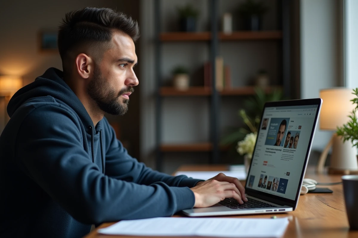 Homme adulte naviguant sur un site agrégateur de contenu sur son ordinateur portable dans un bureau à domicile moderne, illustrant les questions de légalité et de sécurité en ligne en France
