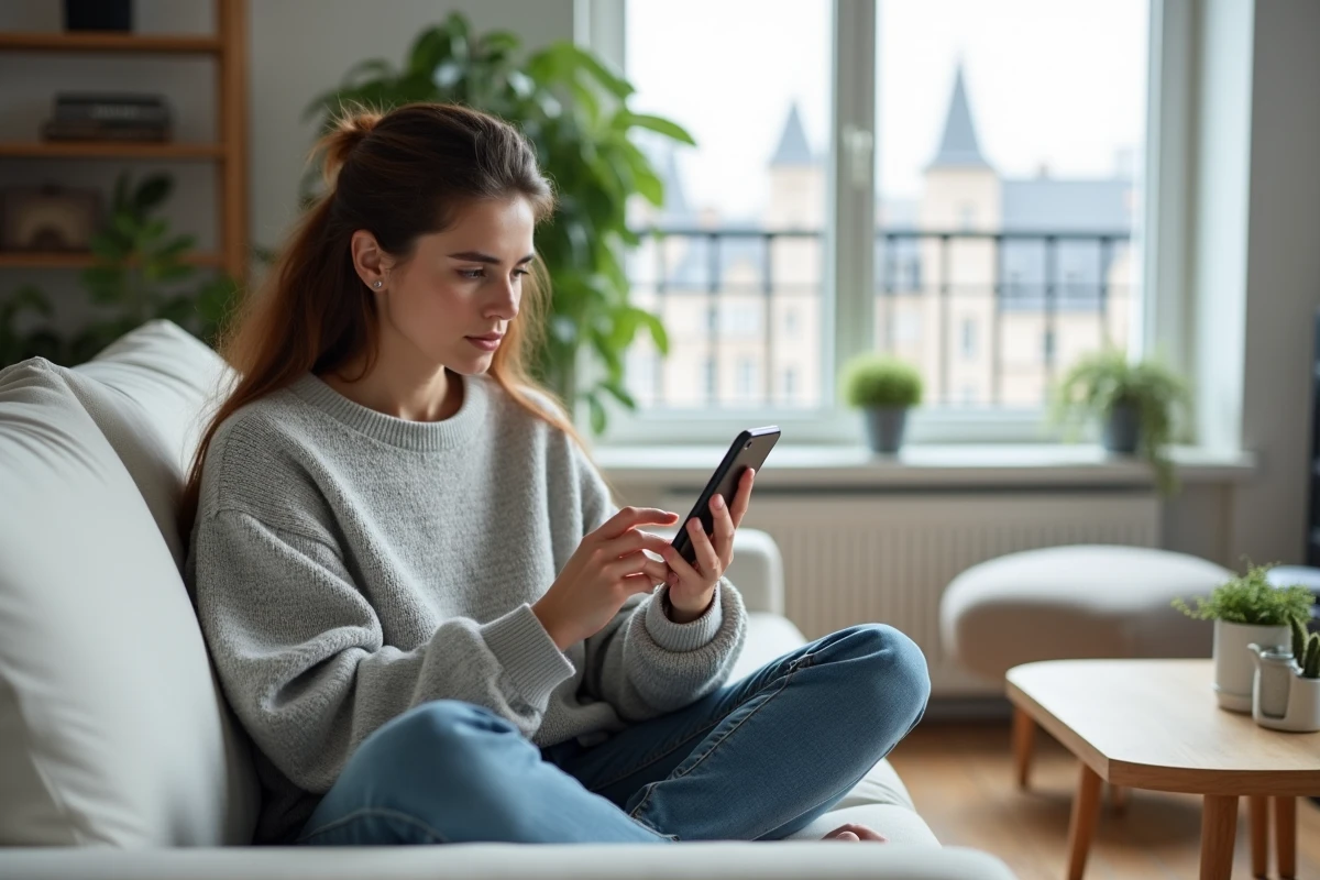 Femme adulte réfléchissant à la sécurité et à la légalité d'une plateforme de contenu en ligne sur son smartphone dans un appartement parisien moderne
