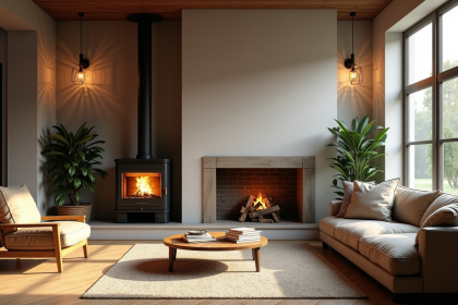 Salon moderne avec poêle à pellets et cheminée ancienne