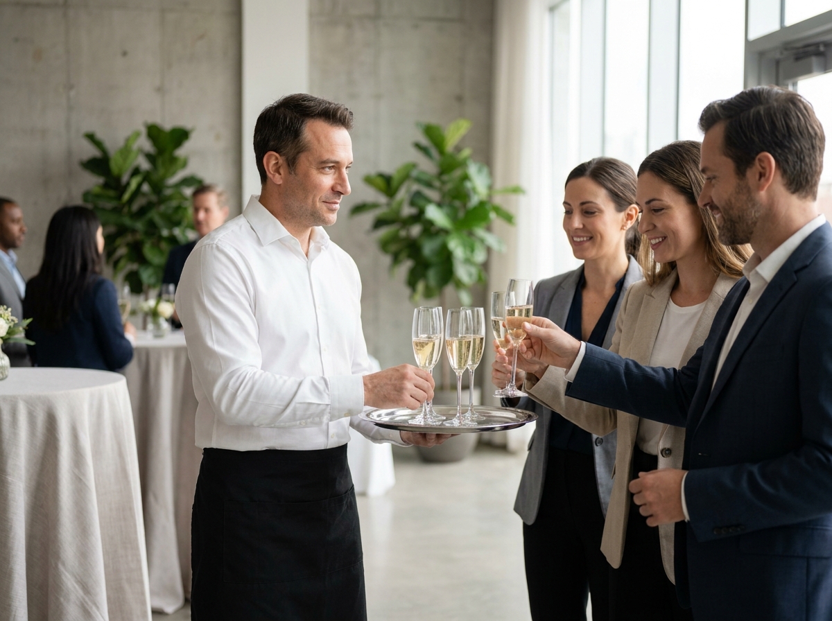 Serveur professionnel en tenue soignée présentant un plateau de flûtes de champagne à des invités lors d'un cocktail d'entreprise dans une salle événementielle moderne