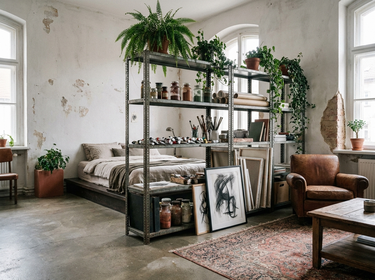 Studio créatif avec étagère industrielle servant de cloison entre espace nuit et salon, objets d'art et plantes sur les rayonnages, sol en béton poli et tapis persan