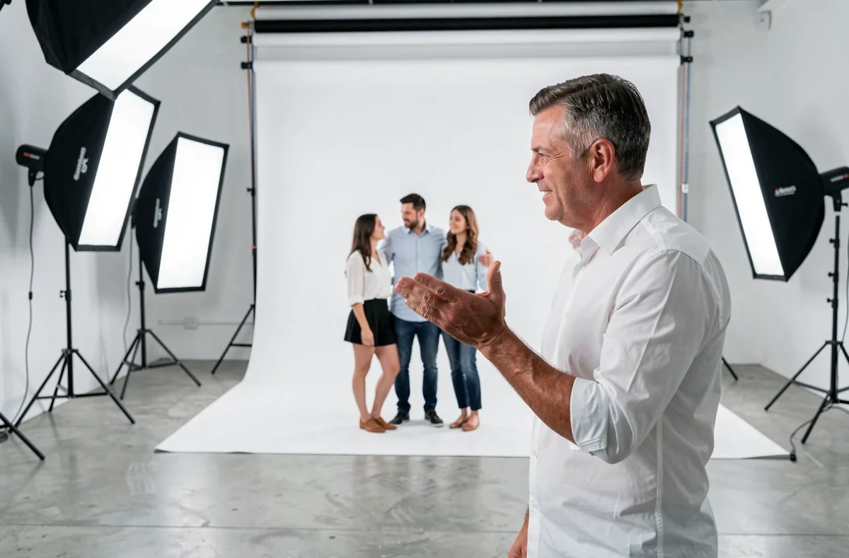 Photographe professionnel dirigeant une séance de portrait en studio moderne avec décors blancs, illustrant le travail de Studio Rémi Villaggi en Moselle