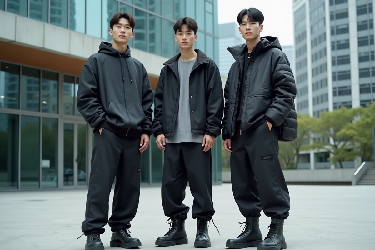 Trois jeunes hommes coréens en tenues de trois générations différentes posant dans un décor urbain contemporain