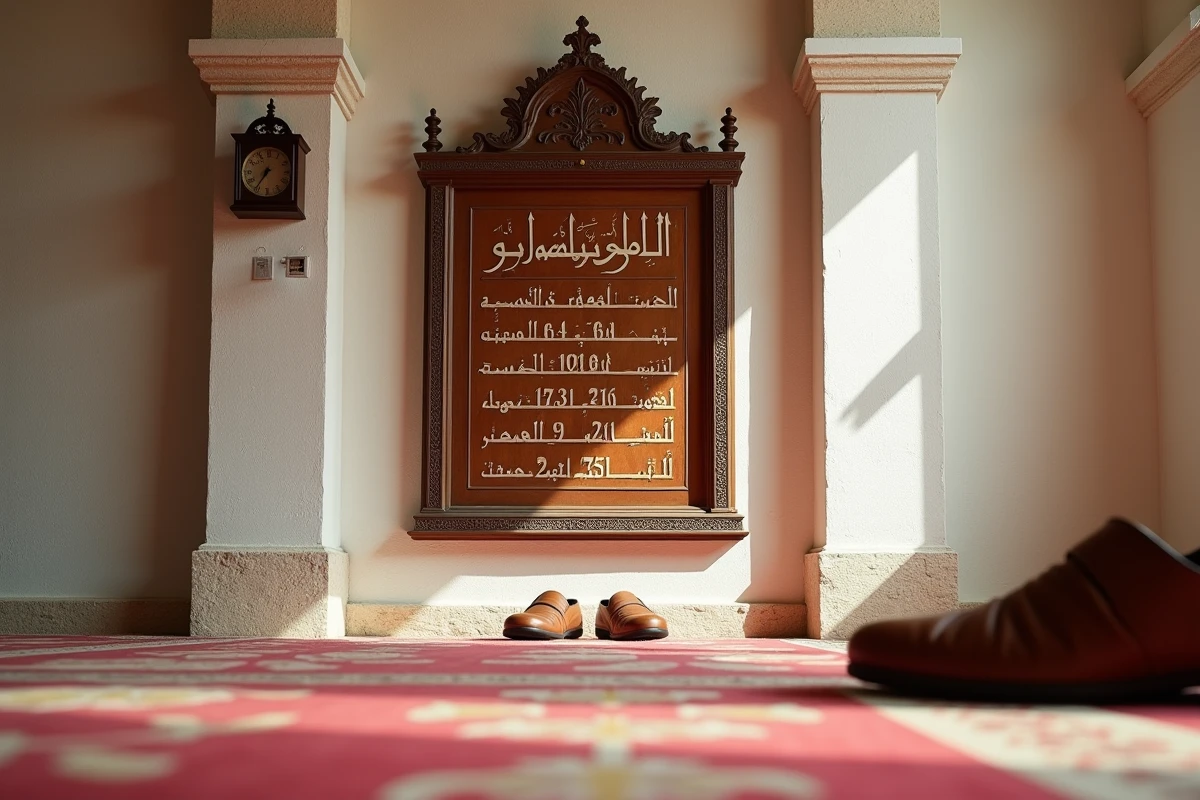 Tableau des horaires de prière en arabe et français dans une mosquée de Toulouse avec tapis traditionnel