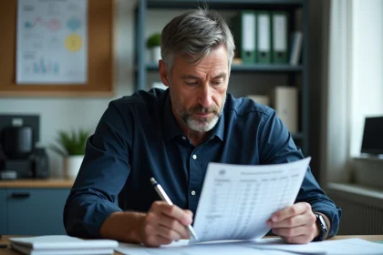 Technicien homme examine une grille de salaire au bureau