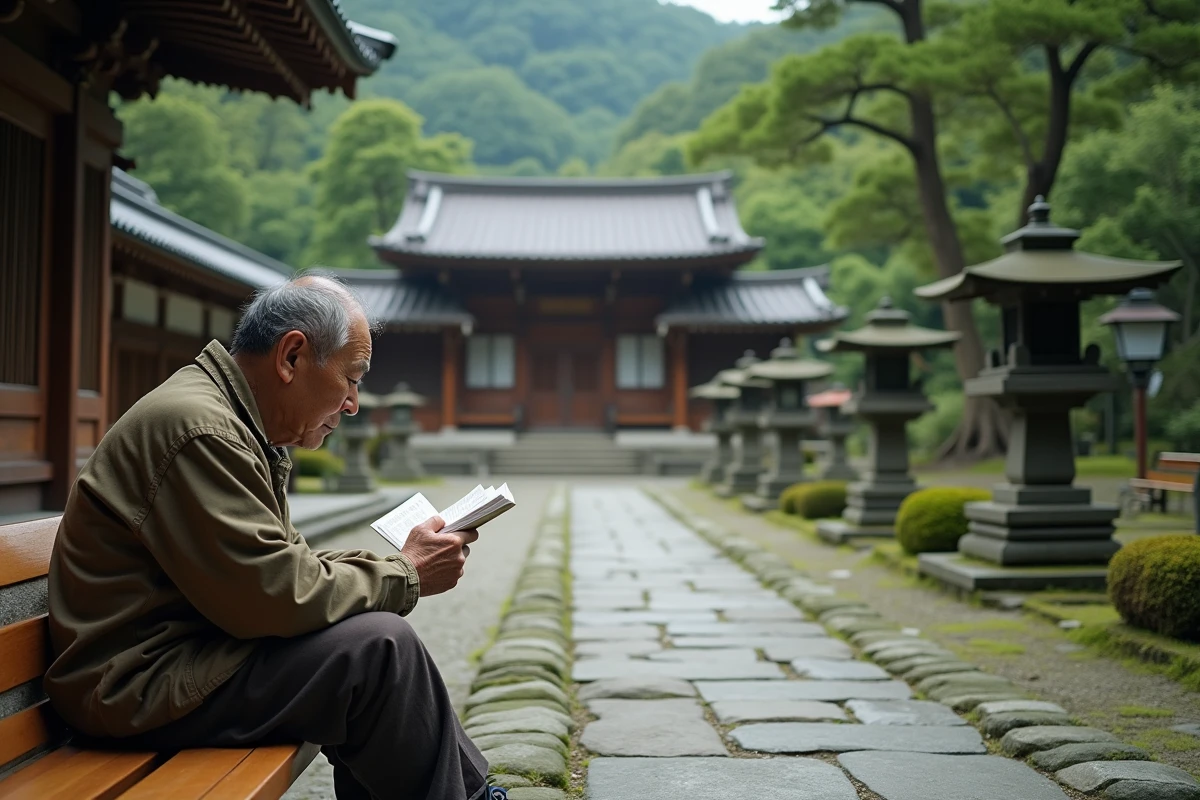 Homme résolvant des mots croisés dans la cour d'un temple japonais à Nara