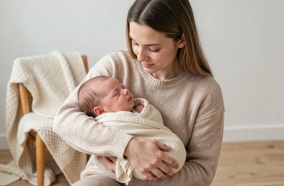 Jeune mère tenant tendrement son nouveau-né dans un studio épuré, représentant le style doux et émotionnel de Tendre Déclic, photographe en Moselle
