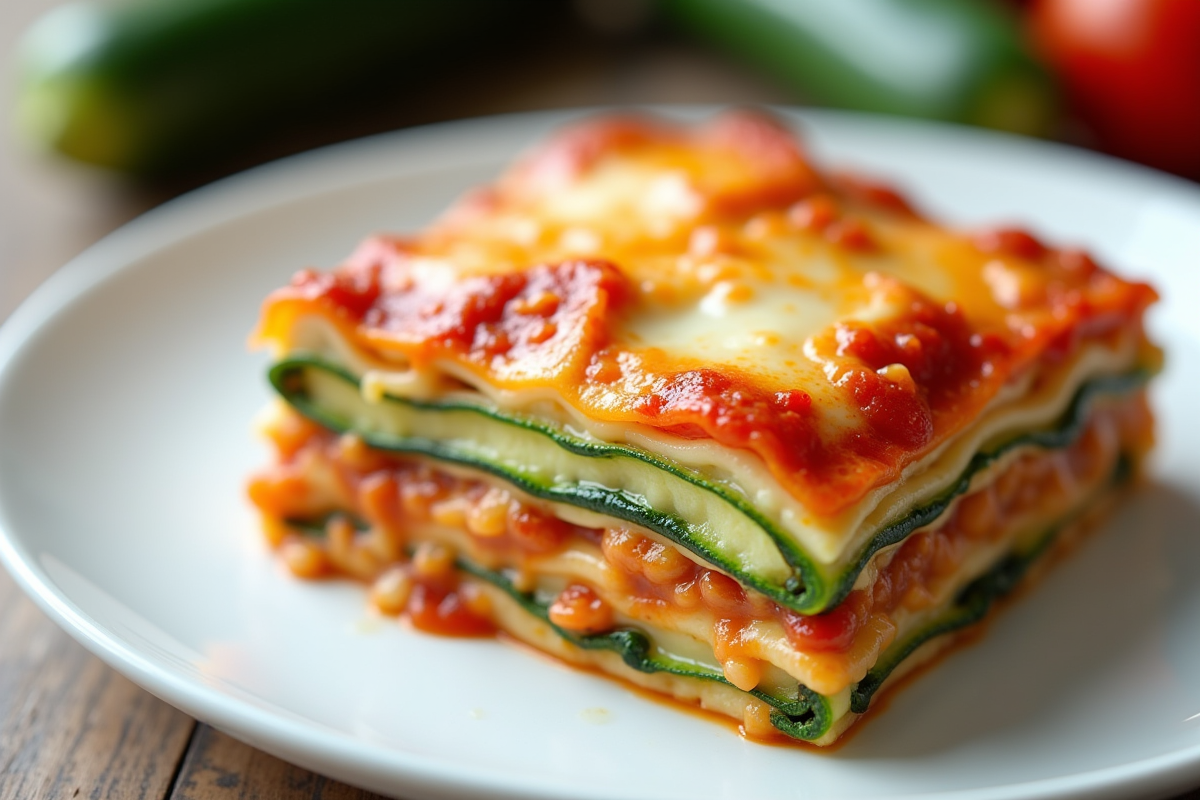 Tranche de lasagne courgette sur assiette lumineuse