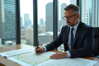 Urbaniste homme étudiant des plans de zonage en ville