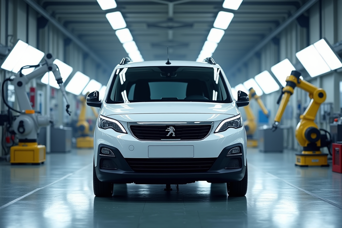 Voiture Peugeot en usine avec robots de montage modernes
