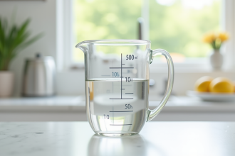 Verre mesureur de 500 ml sur plan de travail lumineux