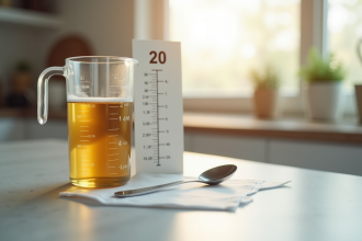Verre mesure liquide de 20 ml sur plan de cuisine lumineux