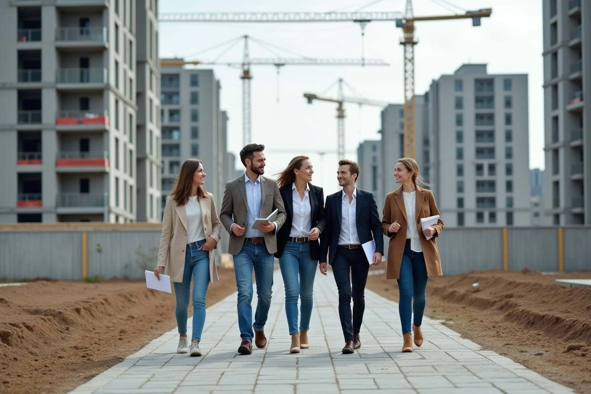 Jeunes agents immobiliers visitant chantier résidentiel en extérieur