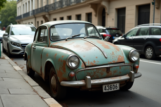 Voiture française ancienne abandonnée sur une rue urbaine