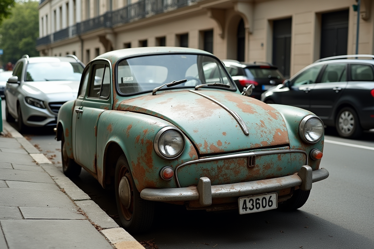 Voiture française ancienne abandonnée sur une rue urbaine