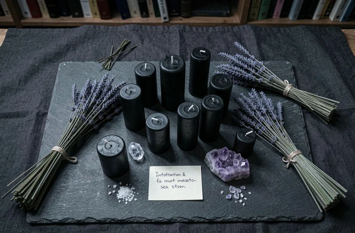Vue aérienne de plusieurs bougies noires disposées avec des cristaux d'améthyste et de la lavande séchée pour un rituel de purification karmique