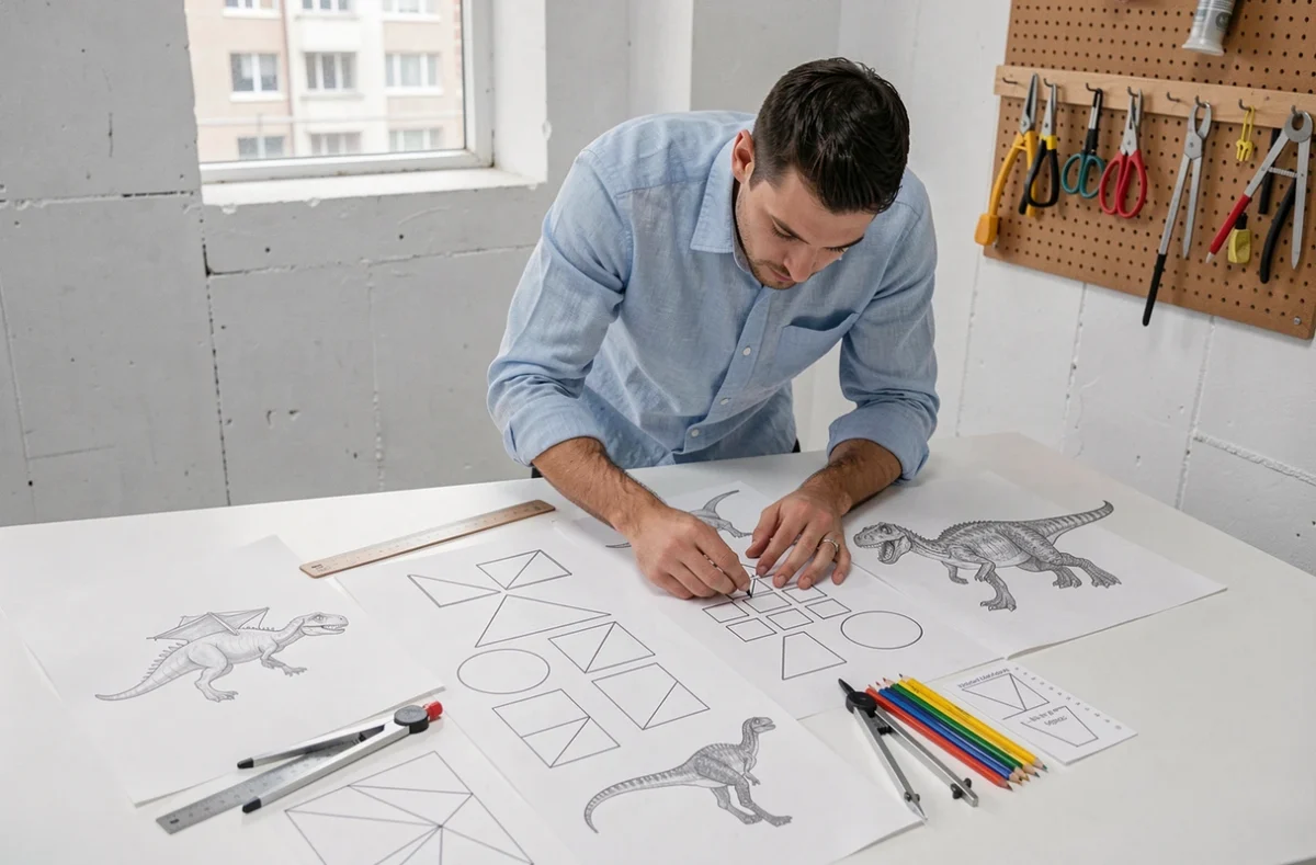 Vue aérienne de dessins de dinosaures géométriques disposés sur une table blanche avec des outils de dessin pour débutants
