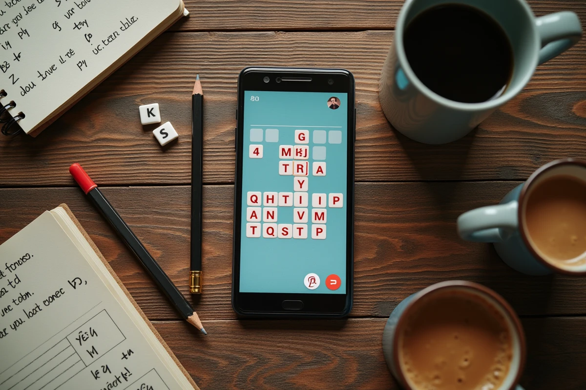 Vue de dessus d'un smartphone affichant un jeu 4 images 1 mot avec indices écrits sur un carnet